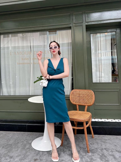 Evening V-neck Cut out Waist Split Fitted Dresses